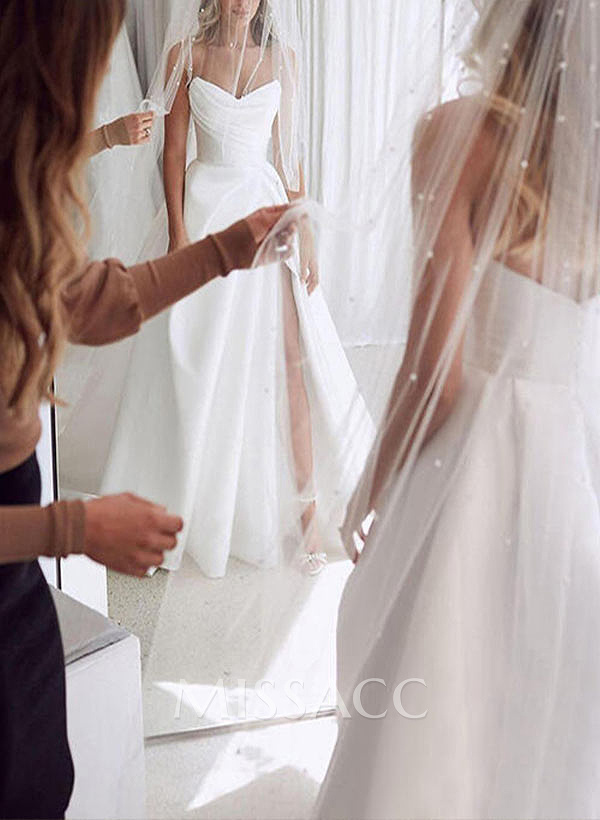 A-Line Sweetheart Satin Sweep Train Wedding Dresses With Split Front A-Line Sweetheart Satin Sweep Train Wedding Dresses With Split Front