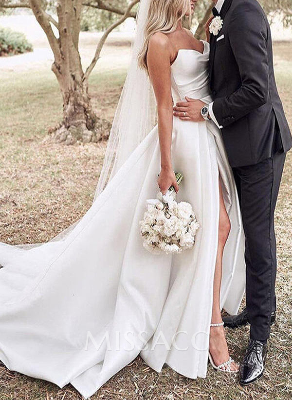 A-Line Sweetheart Satin Sweep Train Wedding Dresses With Split Front A-Line Sweetheart Satin Sweep Train Wedding Dresses With Split Front