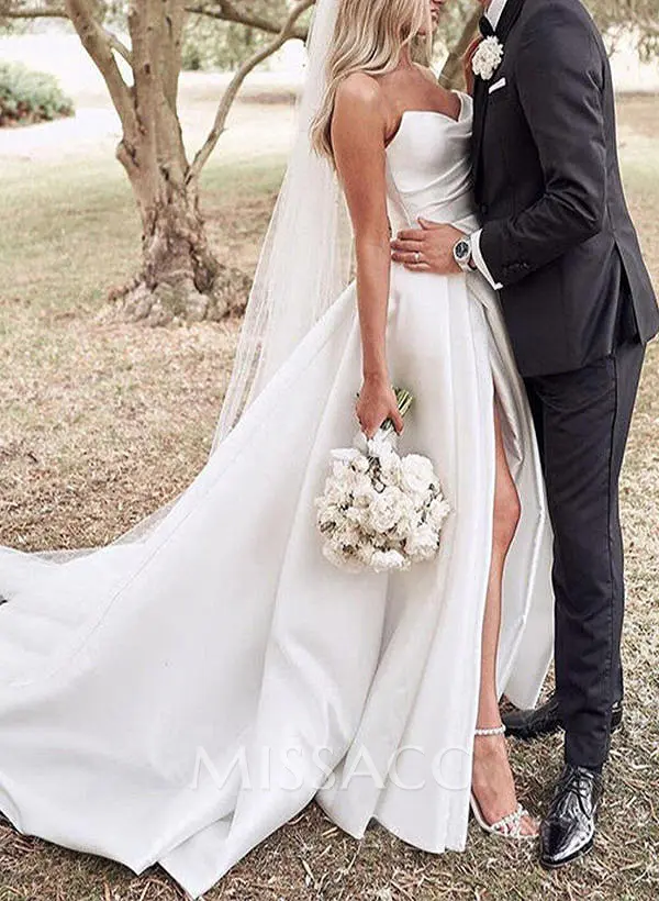 Missacc Ivory Bride A-Line Sweetheart Satin Sweep Train Wedding Dresses With Split Front