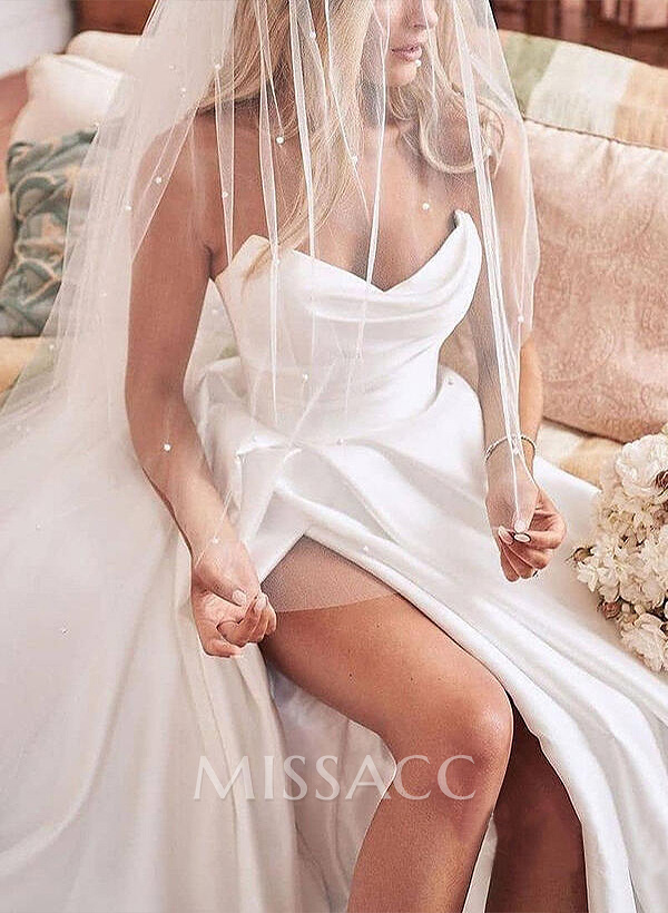 A-Line Sweetheart Satin Sweep Train Wedding Dresses With Split Front A-Line Sweetheart Satin Sweep Train Wedding Dresses With Split Front