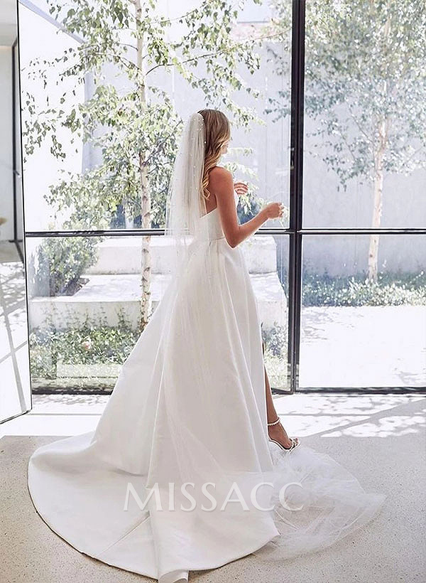 A-Line Sweetheart Satin Sweep Train Wedding Dresses With Split Front A-Line Sweetheart Satin Sweep Train Wedding Dresses With Split Front