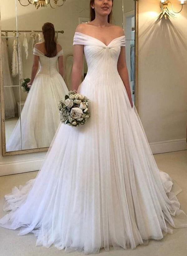 A-Line Off-The-Shoulder Tulle Sweep Train Wedding Dresses With Ruffle
