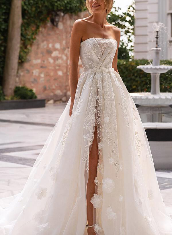 A-Line Strapless Tulle Lace Sweep Train Wedding Dresses WIth Appliques Lace Split Front