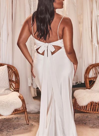 Trumpet/Mermaid Cowl Neck Satin Sweep Train Wedding Dresses WIth Split Front