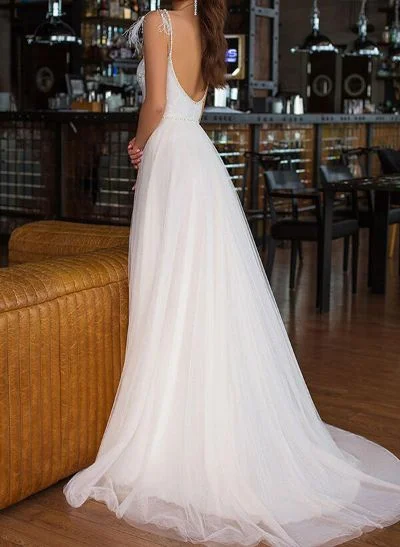A-Line/Princess V Neck Tulle Lace Sweep Train Wedding Dresses With Split Front Lace