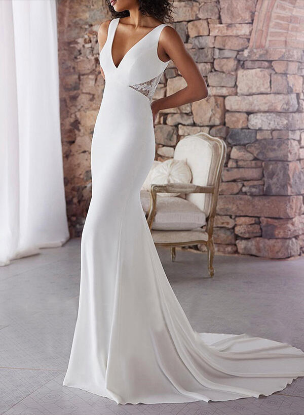 Trumpet/Mermaid V Neck Satin Sweep Train Lace Wedding Dresses With Lace