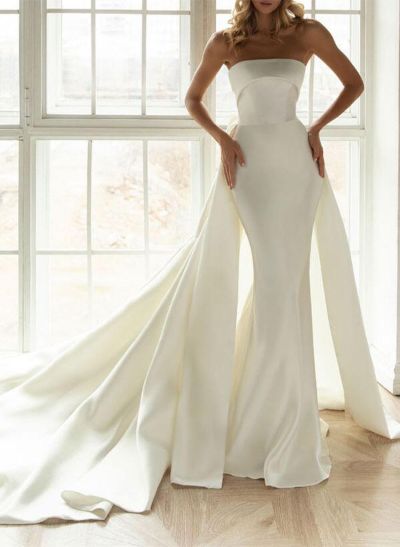 A-Line Strapless Satin Court Train Wedding Dresses With Bow(s)