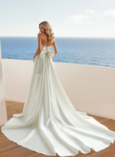 A-Line Strapless Satin Court Train Wedding Dresses With Bow(s)