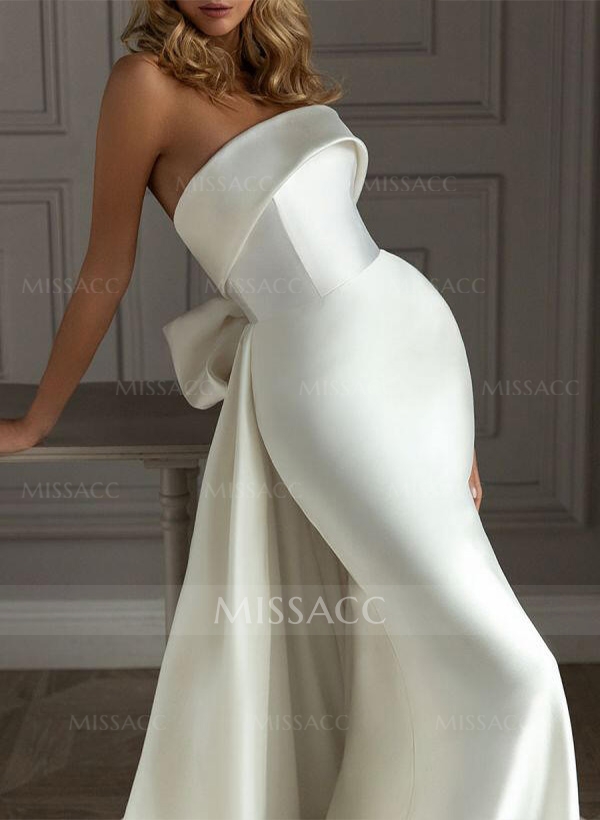 A-Line Strapless Satin Court Train Wedding Dresses With Bow(s)