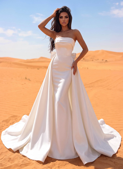 A-Line Strapless Satin Court Train Wedding Dresses With Bow(s)
