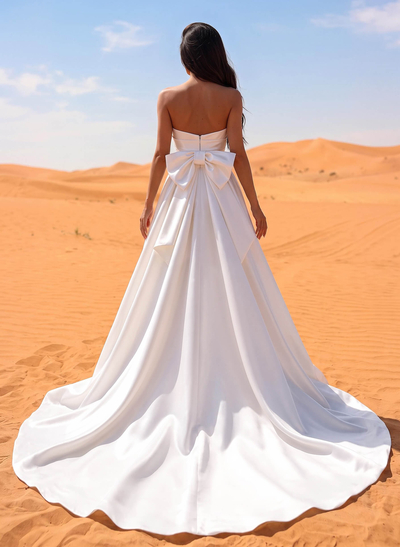 A-Line Strapless Satin Court Train Wedding Dresses With Bow(s)