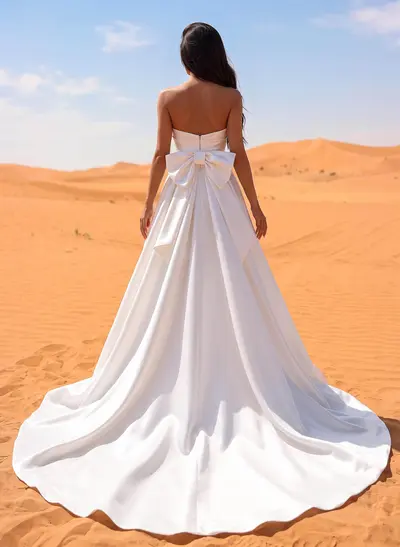 A-Line Strapless Satin Court Train Wedding Dresses With Bow(s)