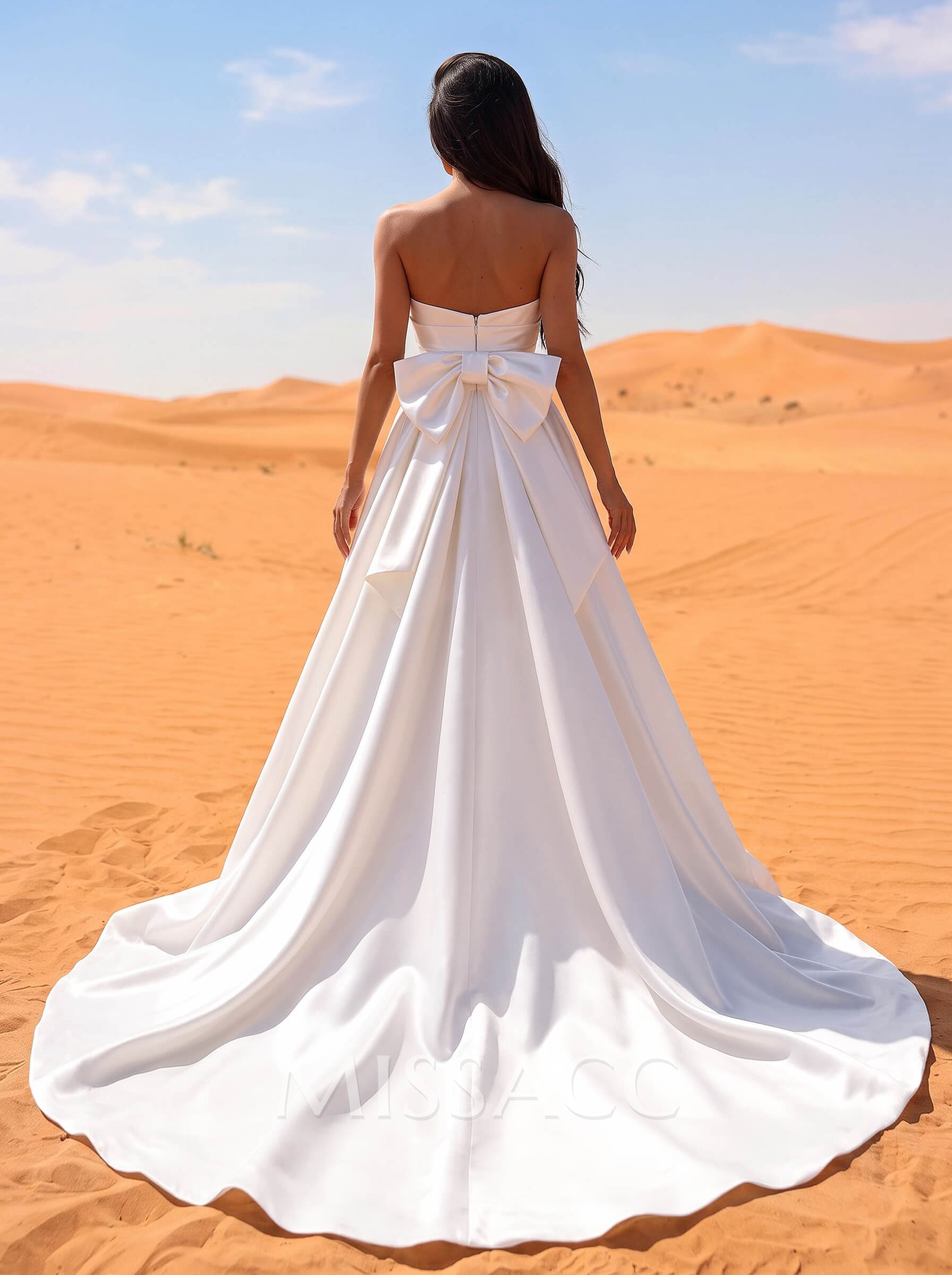 A-Line Strapless Satin Court Train Wedding Dresses With Bow(s)