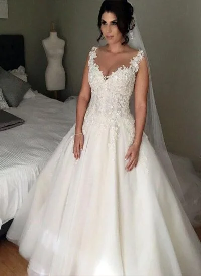 Ball-Gown V-Neck Sleeveless Floor-Length Satin Wedding Dresses With Appliques Lace