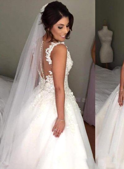 Ball-Gown V-neck Tulle  Court Train Wedding Dresses With Appliques Lace