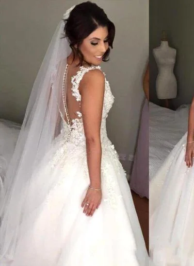 Ball-Gown V-Neck Sleeveless Floor-Length Satin Wedding Dresses With Appliques Lace
