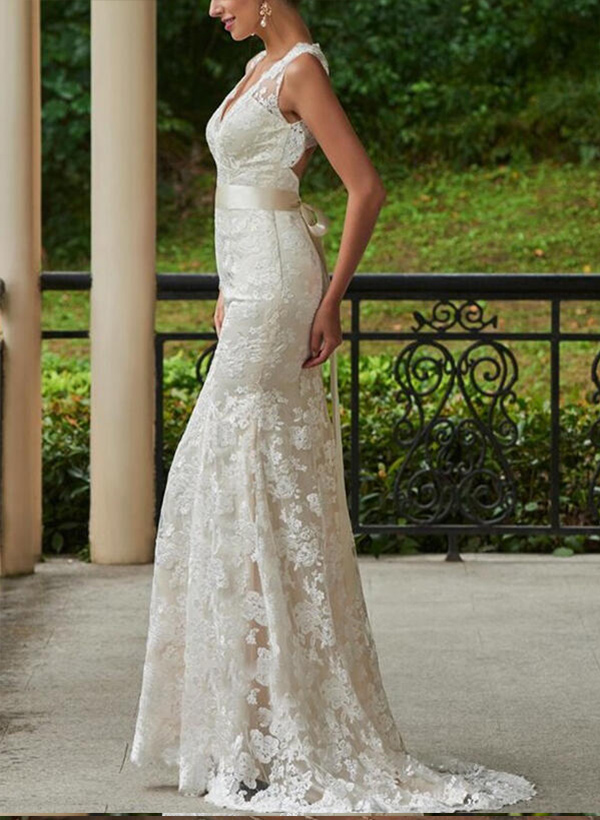Sheath/Column V-neck Lace  Sweep Train Wedding Dresses With Bow(s) Lace