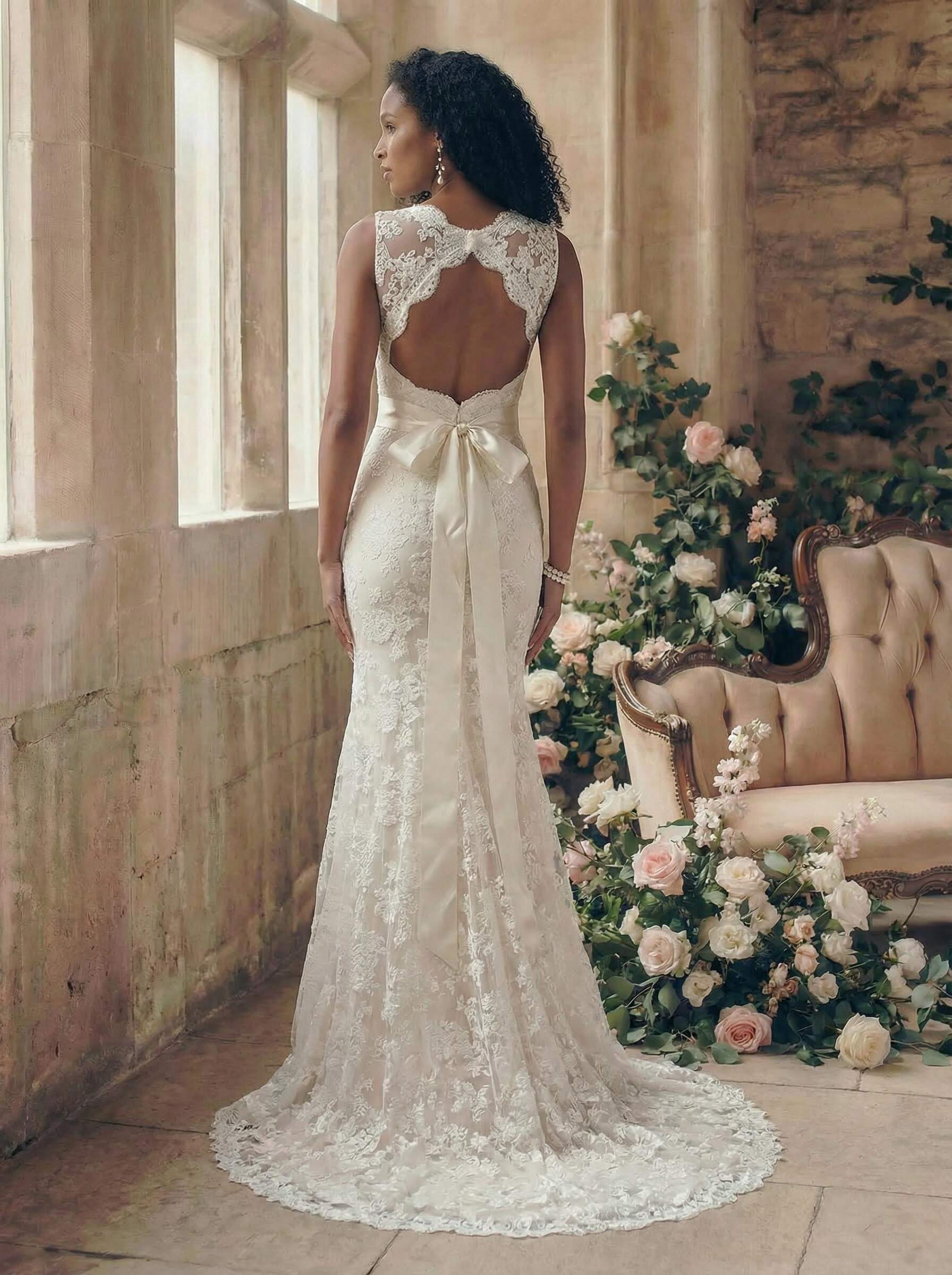 Sheath/Column V-Neck Lace Sweep Train Wedding Dresses With Bow(s) Lace