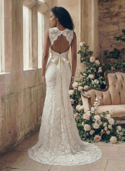 Sheath/Column V-Neck Lace Sweep Train Wedding Dresses With Bow(s) Lace