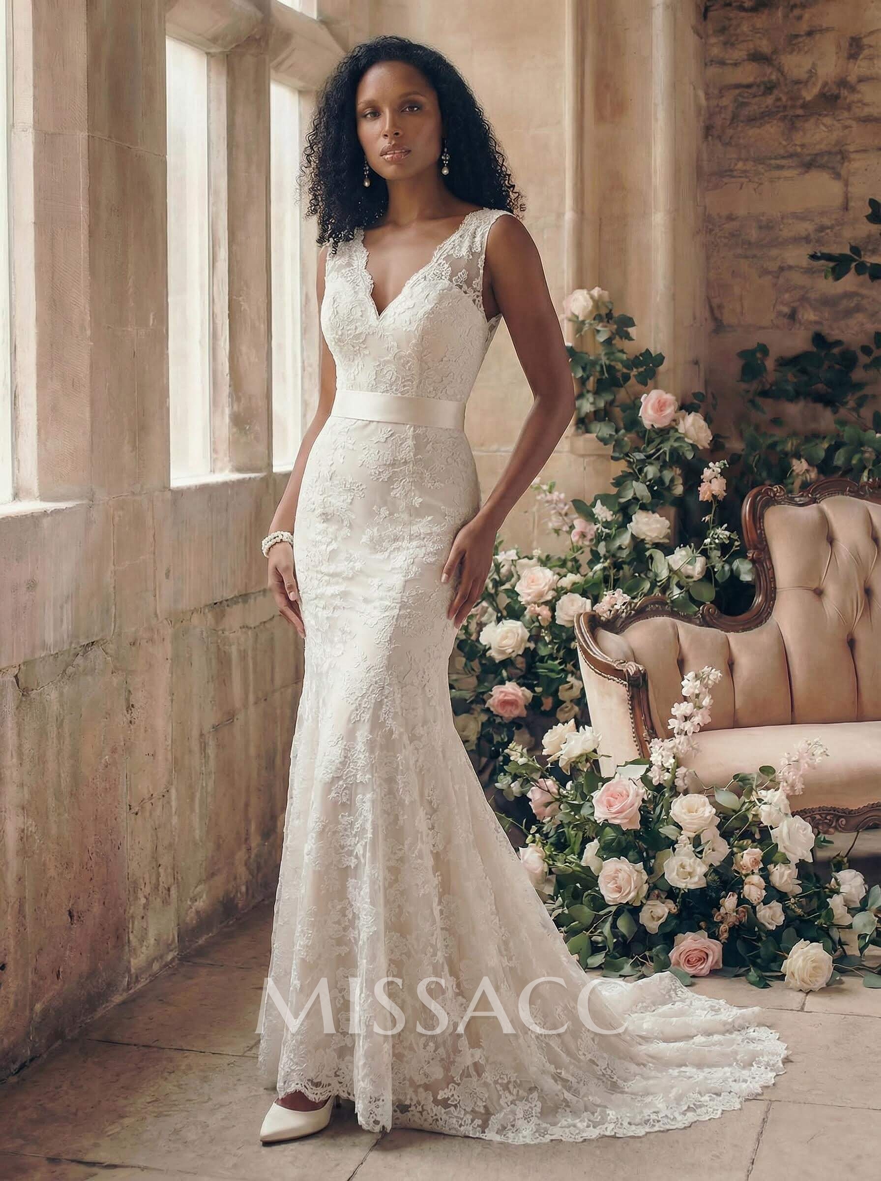 Sheath/Column V-Neck Lace Sweep Train Wedding Dresses With Bow(s) Lace