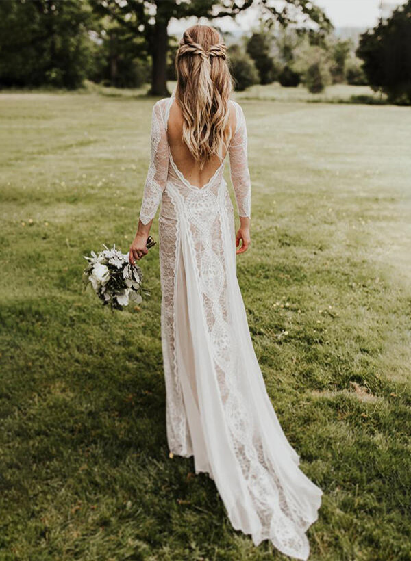 A-Line/Princess Scoop Neck Lace Sweep Train Wedding Dresses With Lace
