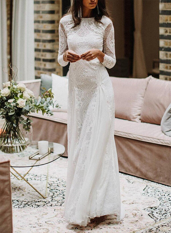 A-Line/Princess Scoop Neck Lace Sweep Train Wedding Dresses With Lace