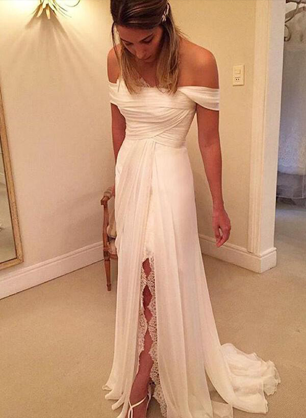 A-Line Off-The-Shoulder Chiffon Sweep Train Wedding Dresses WithRuffle Lace Split Front