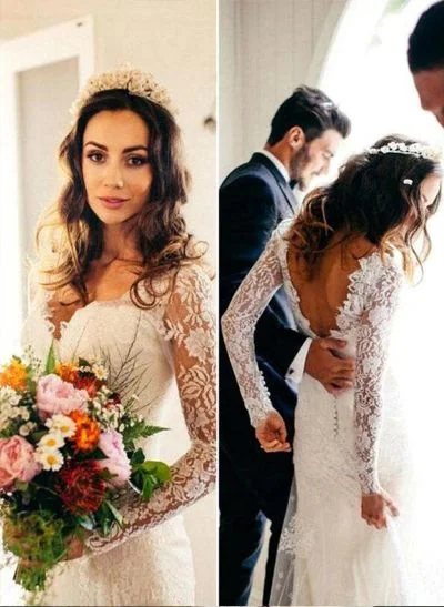Sheath/Column V-Neck Tulle Lace Court Train Wedding Dresses With Lace