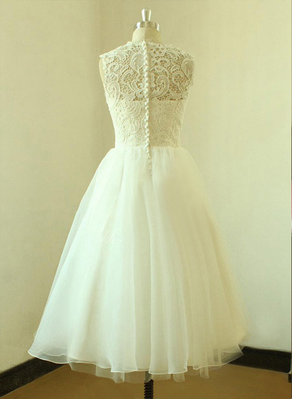 A-line/Princess Scoop Neck Tea-Length Organza Wedding Dress With Lace