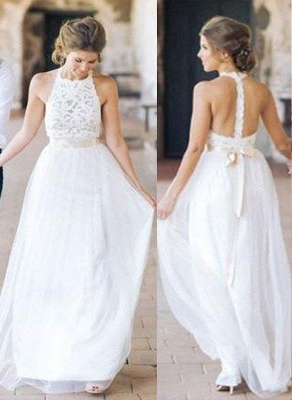 A-line Halter Sleeveless Floor-Length Tulle Wedding Dress With Lace Sash