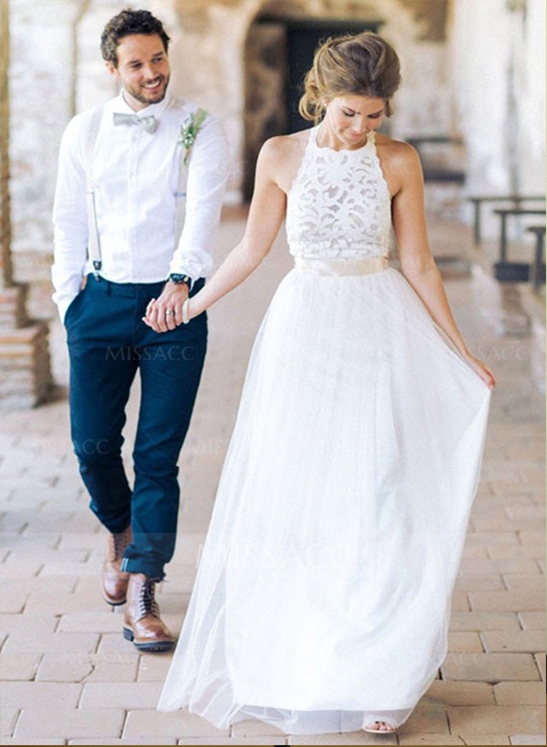 A-line Halter Sleeveless Floor-Length Tulle Wedding Dress With Lace Sash