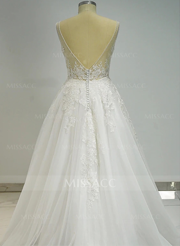 A-line V Neck Sleeveless Floor-Length Tulle Wedding Dresse With Appliques Lace