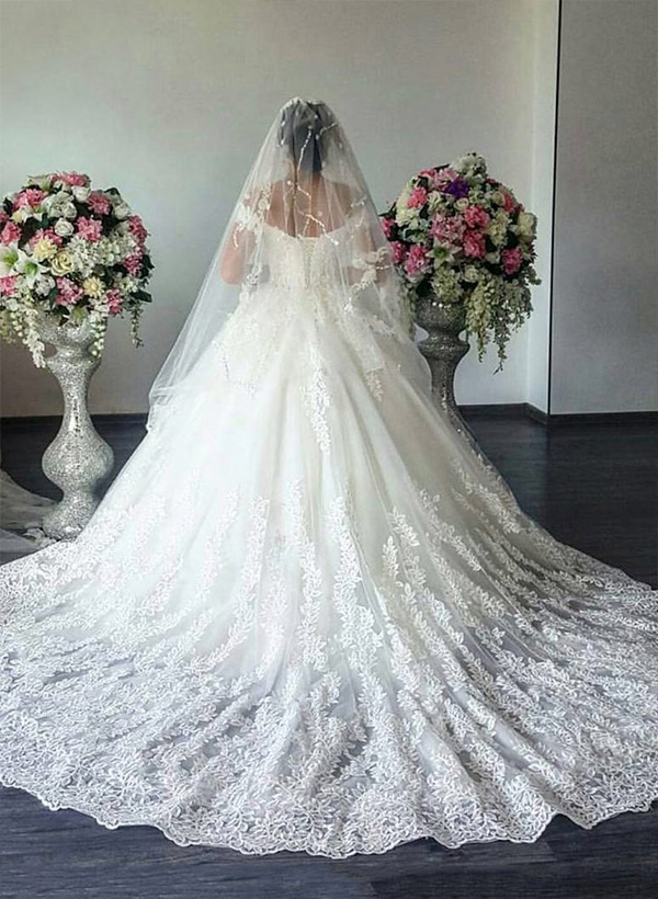Ball Gown Off-The-Shoulder Tulle Court Train Wedding Dress With Appliques Lace
