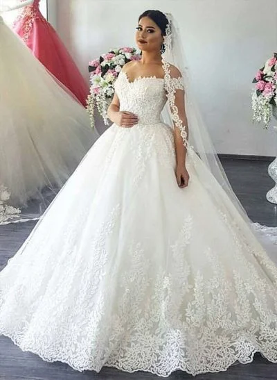 Ball Gown Off-The-Shoulder Tulle Court Train Wedding Dress With Appliques Lace