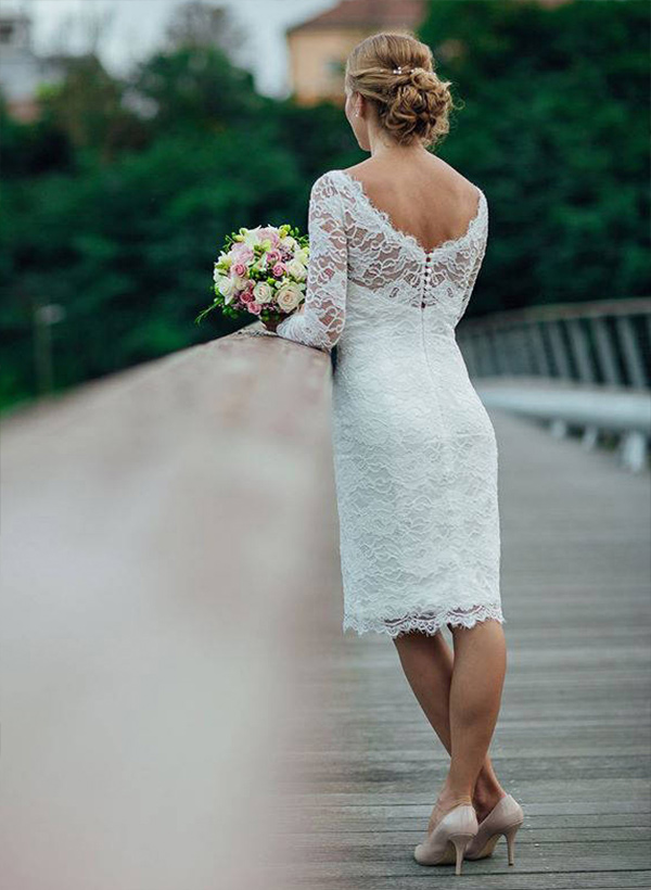 Sheath/Column Scoop Neck Knee-Length Lace Wedding Dress With Lace