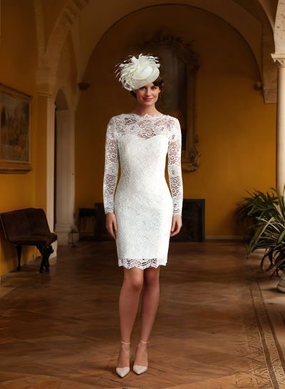 Sheath/Column Scoop Neck Knee-Length Lace Wedding Dress With Lace