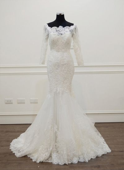 Trumpet/Mermaid Off-the-Shoulder 3/4 Sleeve Chapel Train Lace Wedding Dress With Appliques Lace