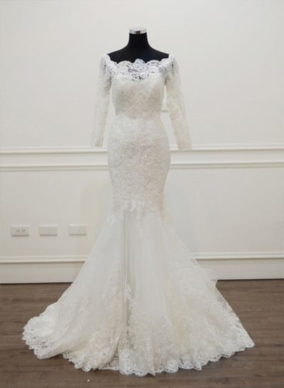 Trumpet/Mermaid Off-The-Shoulder 3/4 Sleeve Cathedral Train Lace Wedding Dress With Appliques Lace