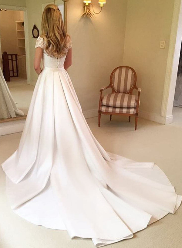 A-line/Princess V Neck Short Sleeve Lace Satin Chapel Train Wedding Dress WIth Lace