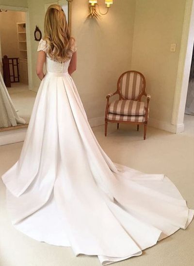 A-Line/Princess V Neck Short Sleeve Lace Satin Cathedral Train Wedding Dress WIth Lace