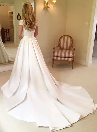 A-Line/Princess V Neck Short Sleeve Lace Satin Cathedral Train Wedding Dress WIth Lace