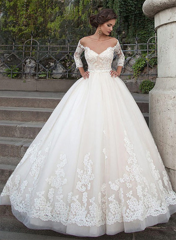 Ball-Gown V-Neck Tull Lace Chapel Train Wedding Dress With Appliques Lace