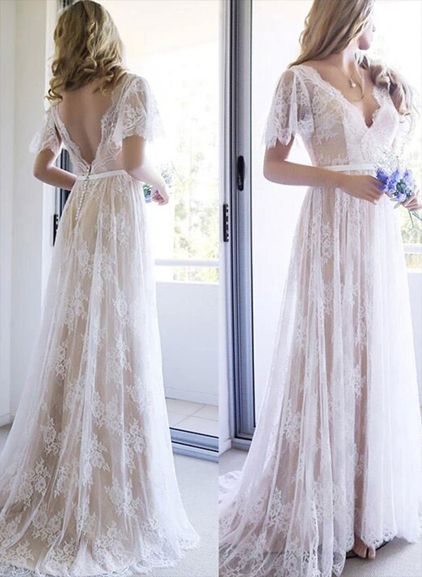 A-Line Lace V-Neck Sweep Train Wedding Dress WIth Lace