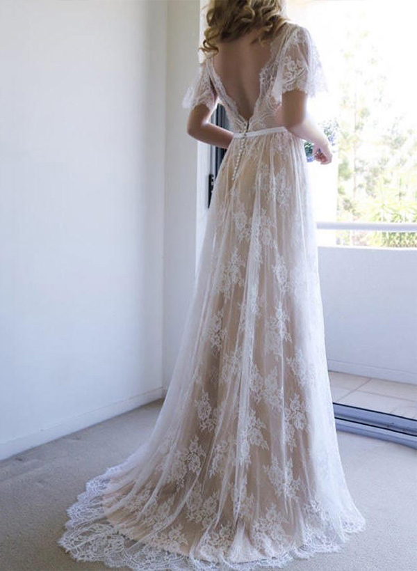 A-Line Lace V-Neck Sweep Train Wedding Dress WIth Lace