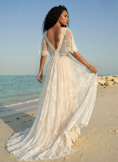 A-Line Lace V-Neck Sweep Train Wedding Dress WIth Lace