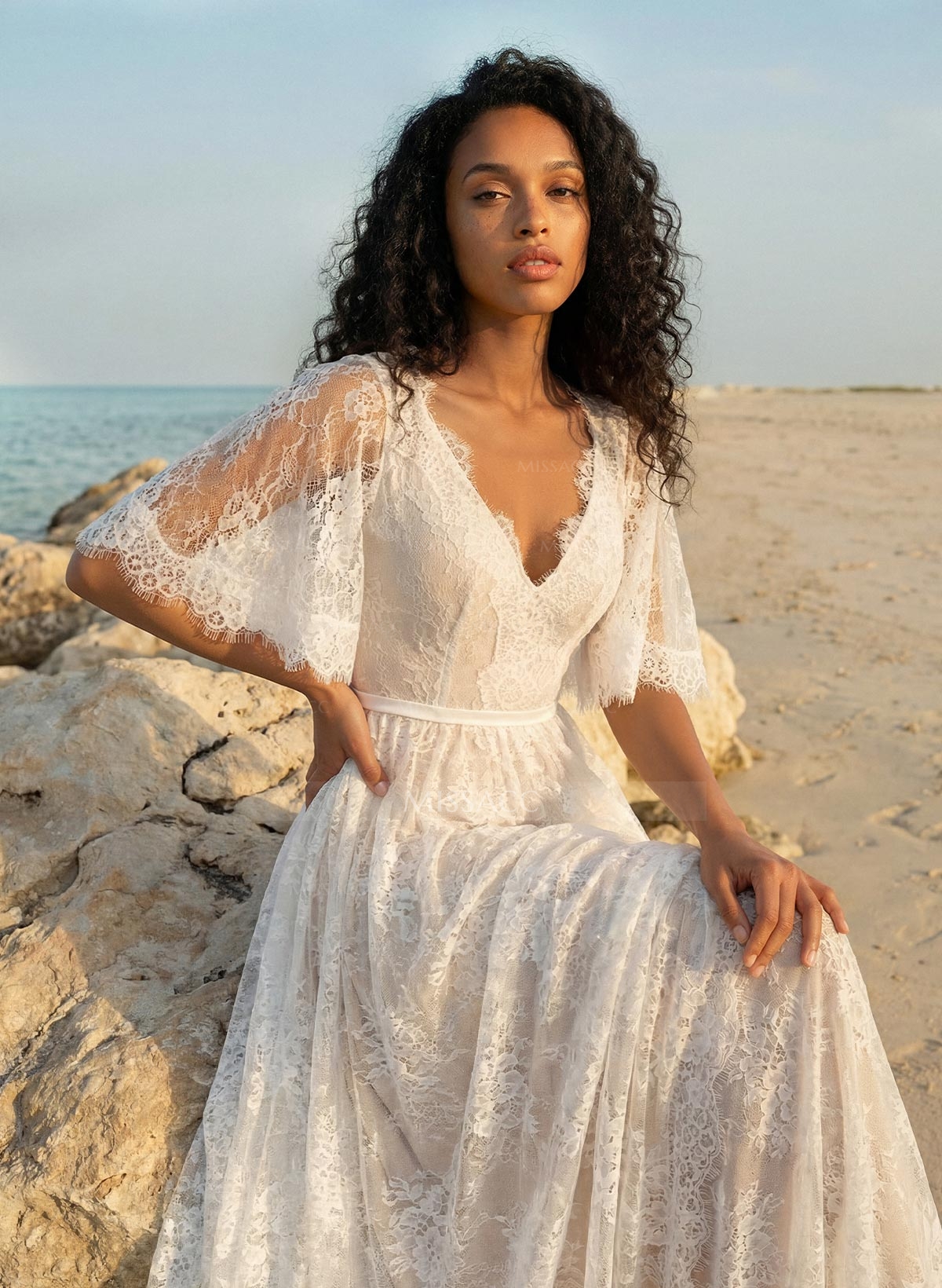 A-Line Lace V-Neck Sweep Train Wedding Dress WIth Lace