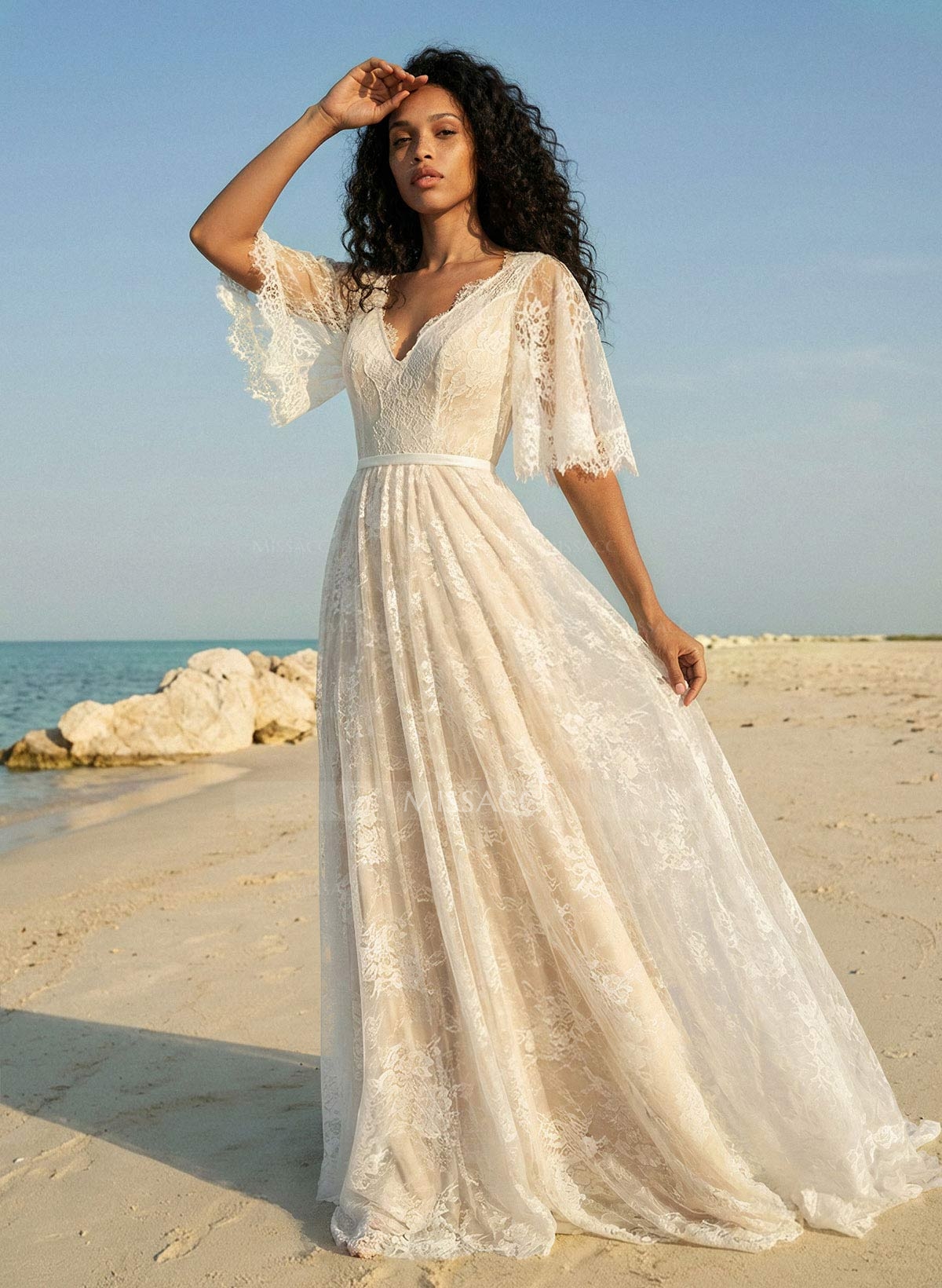 A-Line Lace V-Neck Sweep Train Wedding Dress WIth Lace