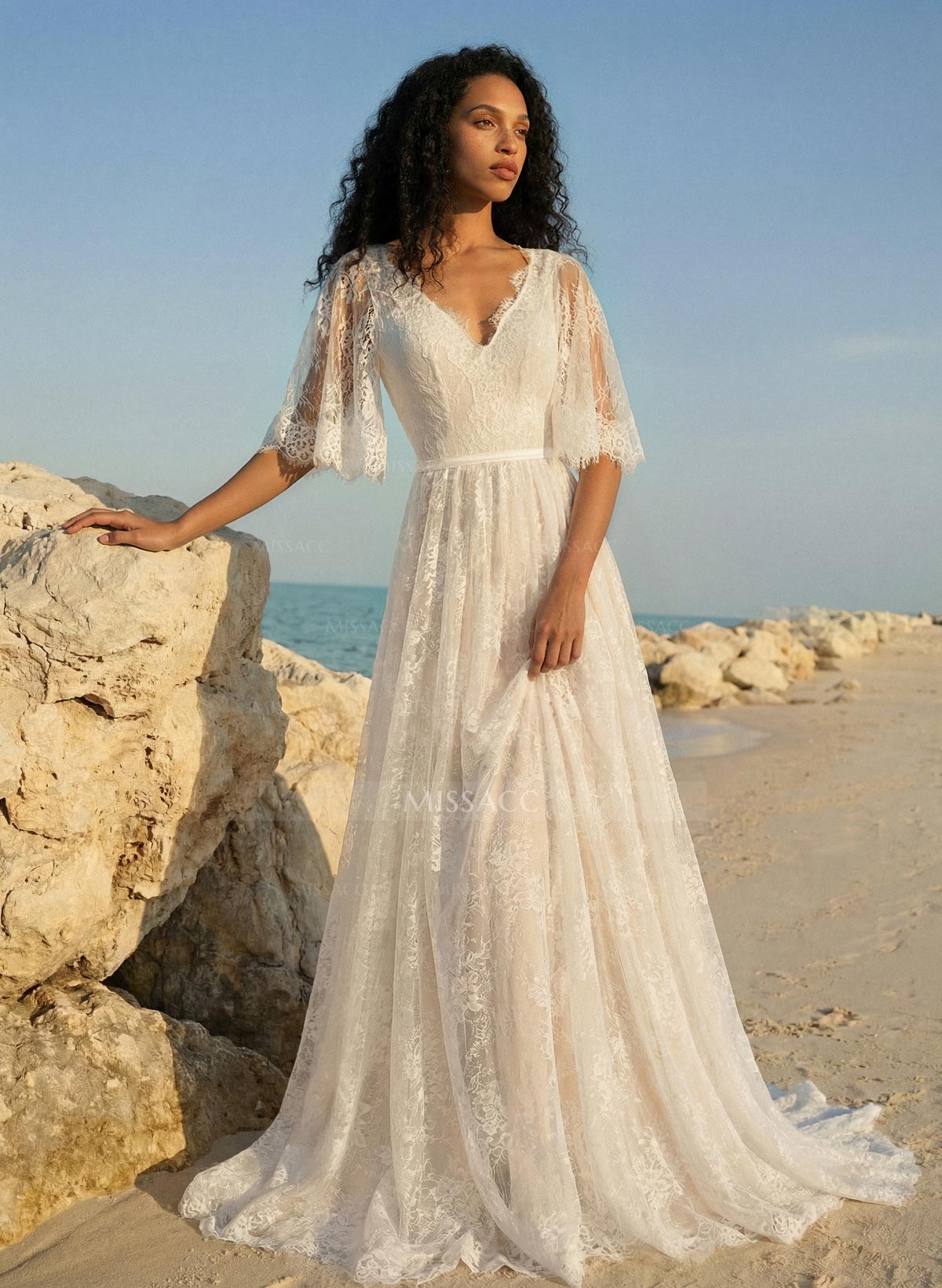 A-Line Lace V-Neck Sweep Train Wedding Dress WIth Lace