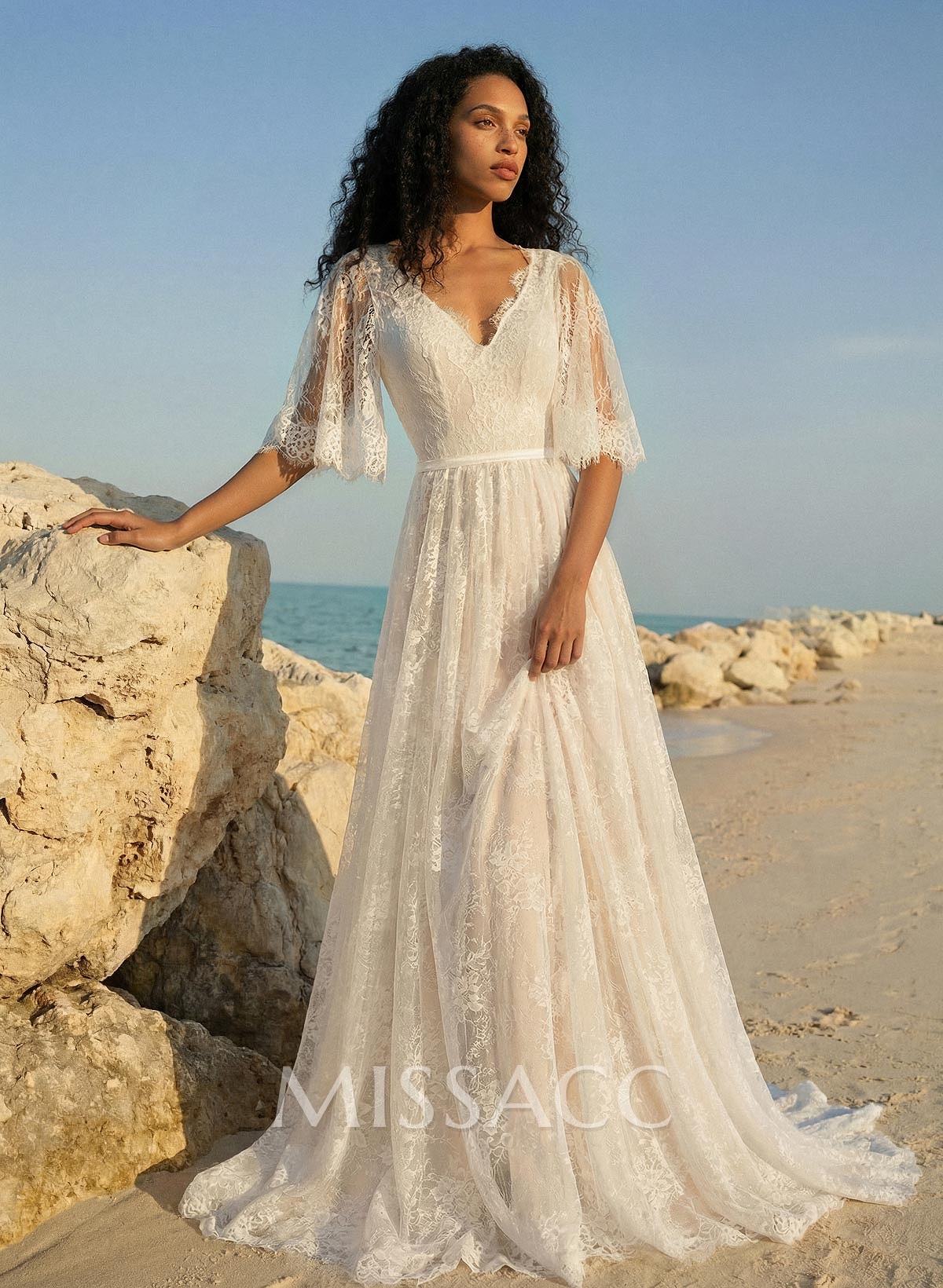 A-Line Lace V-Neck Sweep Train Wedding Dress WIth Lace