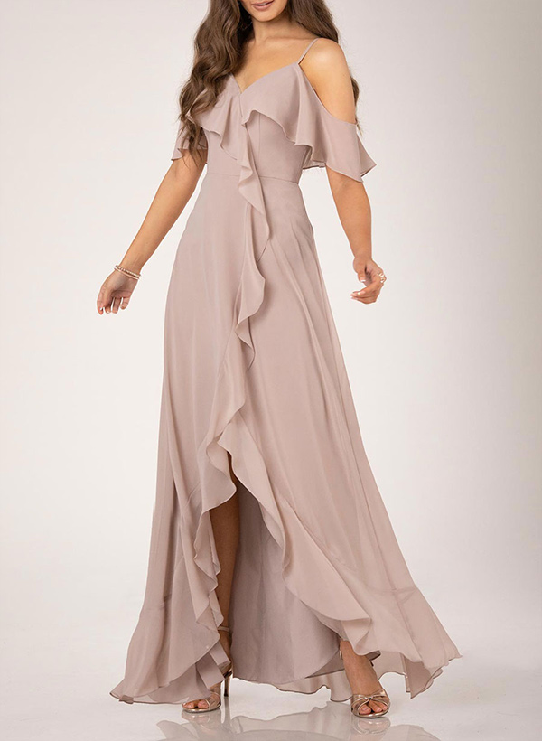A-Line V-Neck sleeveless chiffon floor-Length Bridesmaid Dresses WIth Cascading Ruffles